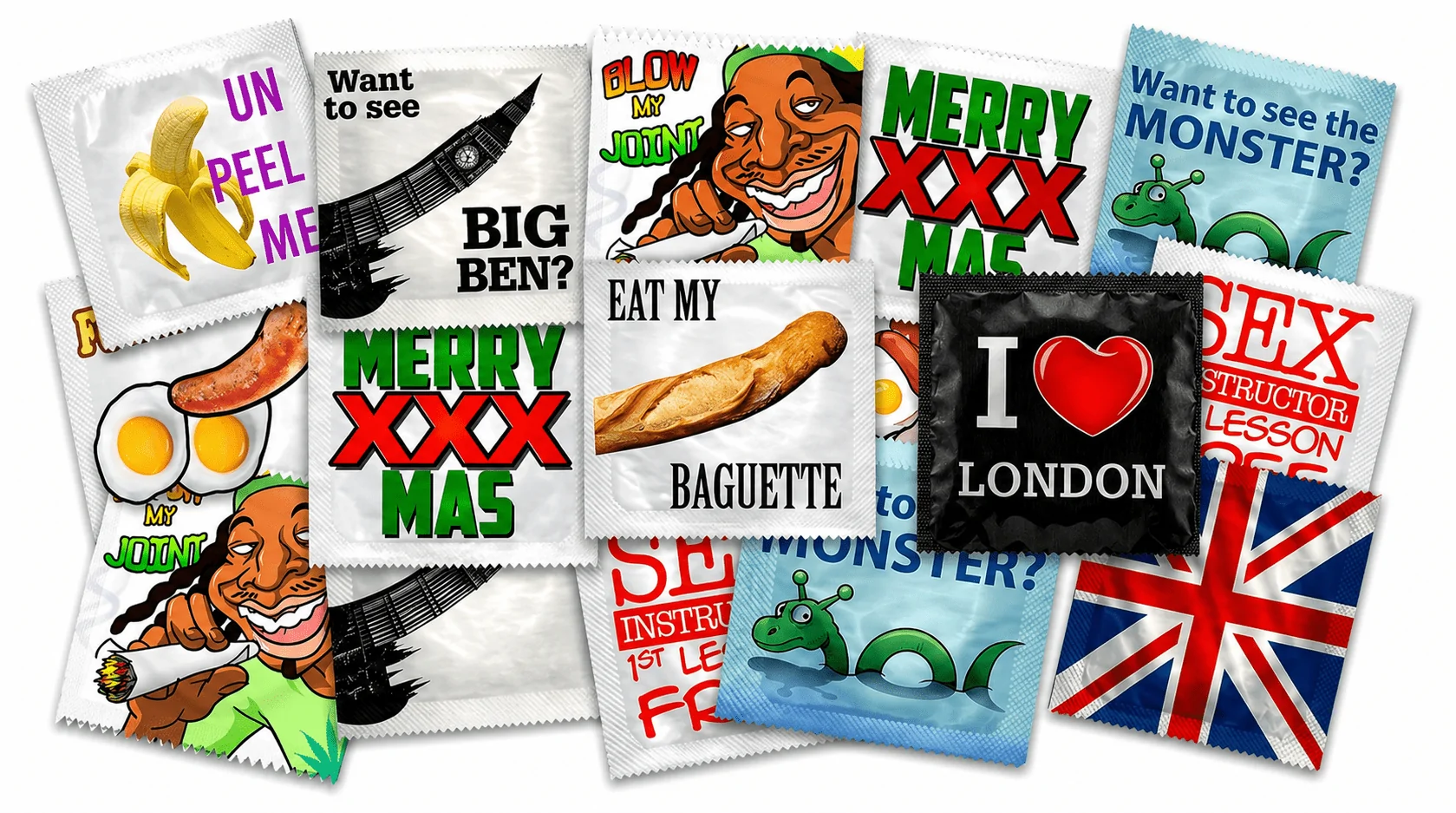 Funny and novelty condom wrappers — Kissy Bang Bang collection including Big Ben, Baguette, Merry XXXmas and more