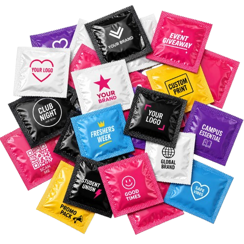 Custom branded condoms with logos, QR codes and brand designs — bulk orders