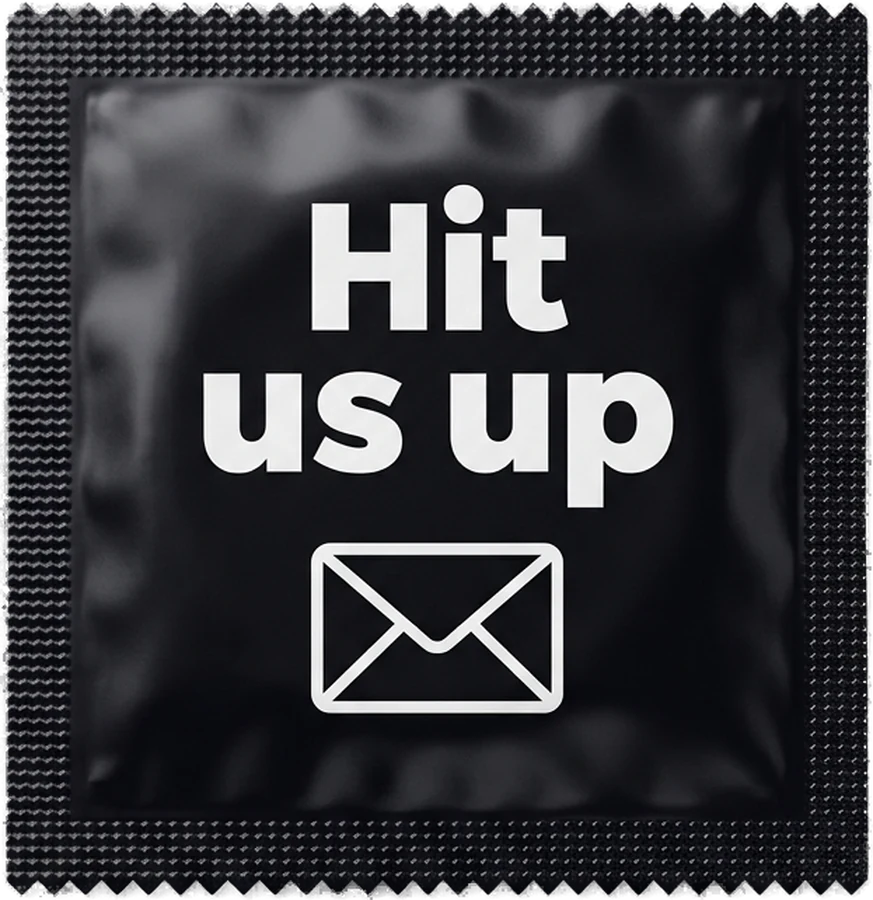 Black condom wrapper printed with the words Hit us up