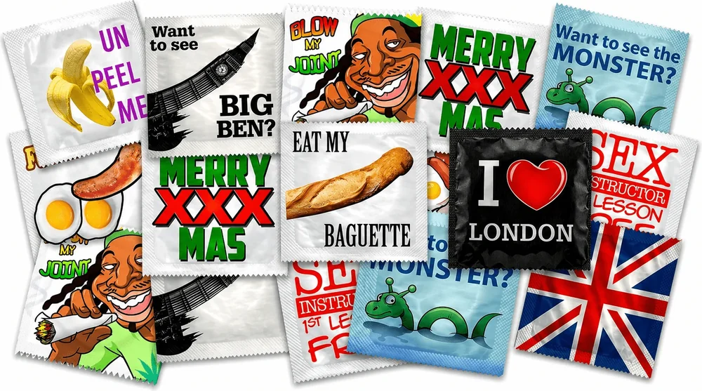 Funny and novelty condom wrappers from Kissy Bang Bang, including Big Ben, Eat My Baguette, Merry XXXmas, I Love London and Union Jack designs
