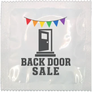 Back Door Sale funny condom wrapper, rainbow design