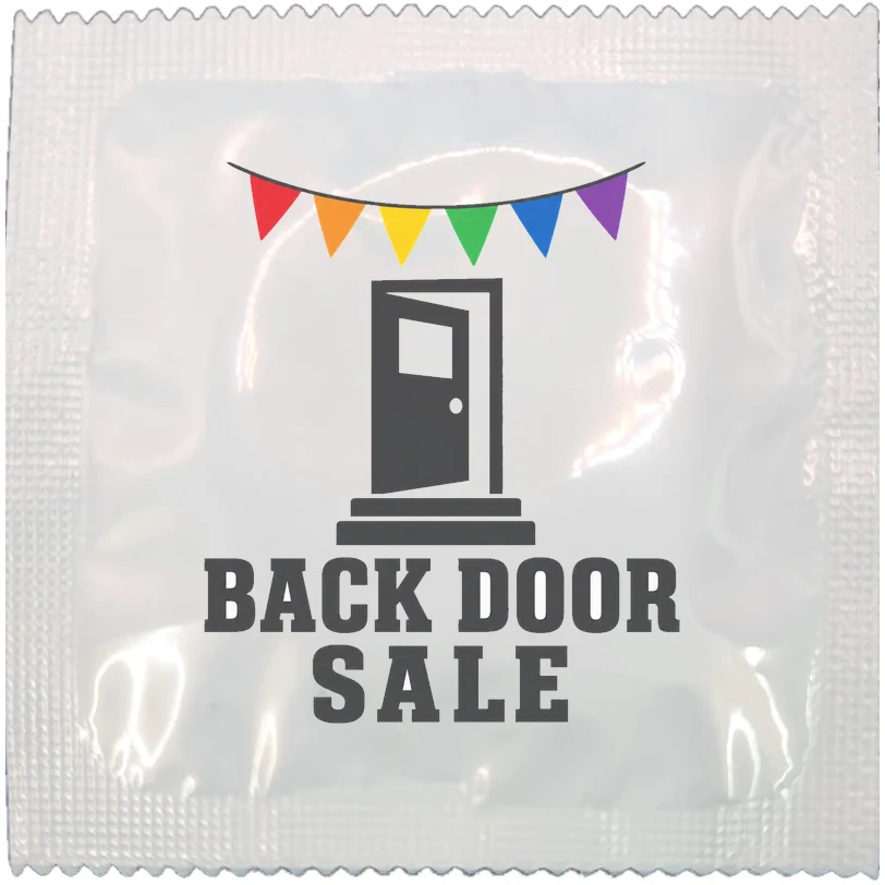 Back Door Sale funny condom wrapper, rainbow design