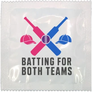 Batting For Both Teams funny condom wrapper, rainbow design