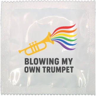 Blowing My Own Trumpet funny condom wrapper, rainbow design