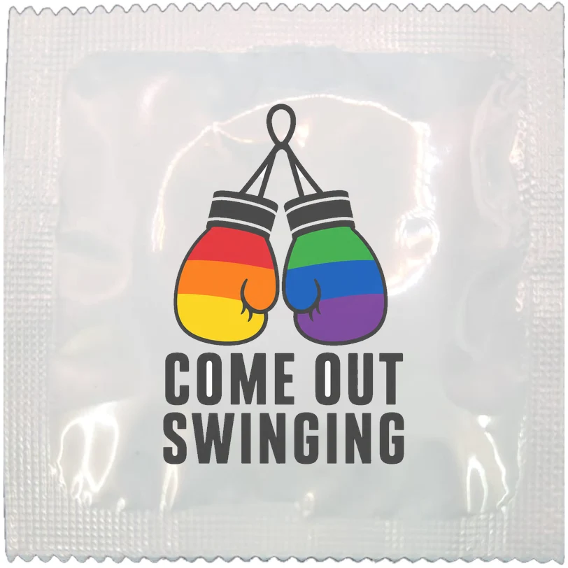 Come Out Swinging funny condom wrapper, rainbow design