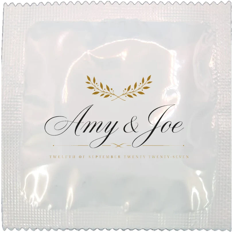 Example of a personalised wedding favour condom wrapper, made to order