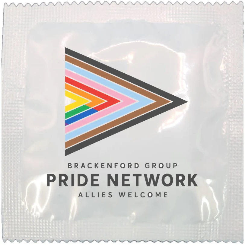 Example of a branded condom wrapper for a workplace LGBTQ+ network, made to order