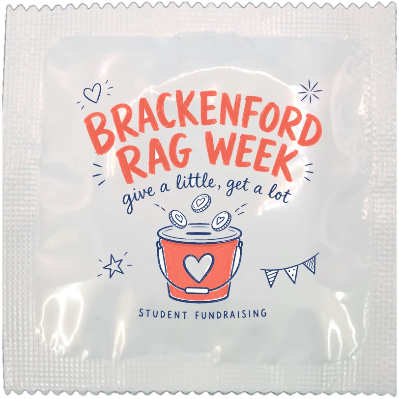 Example of a branded RAG week fundraiser condom wrapper, made to order