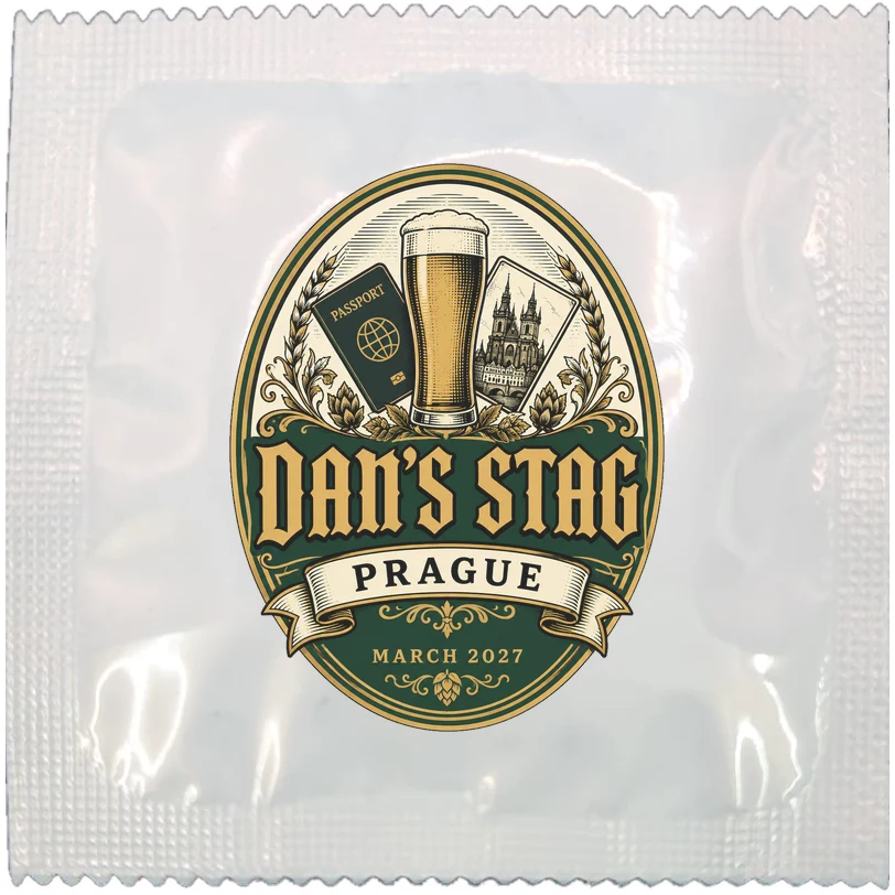 Example of a personalised stag do condom wrapper, made to order