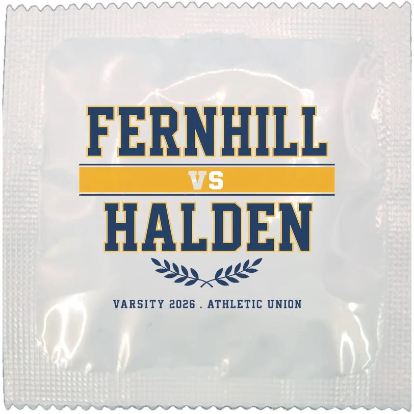 Example of a branded varsity match condom wrapper, made to order
