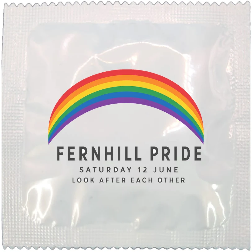 Example of a branded condom wrapper for a city Pride event, made to order