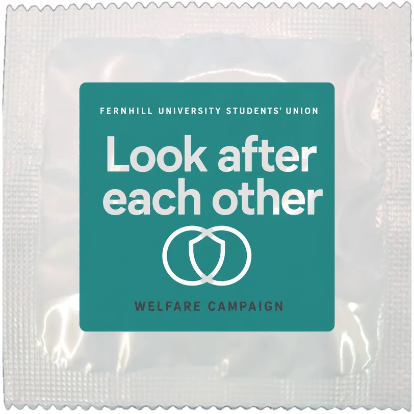 Example of a branded students' union welfare campaign condom wrapper, made to order