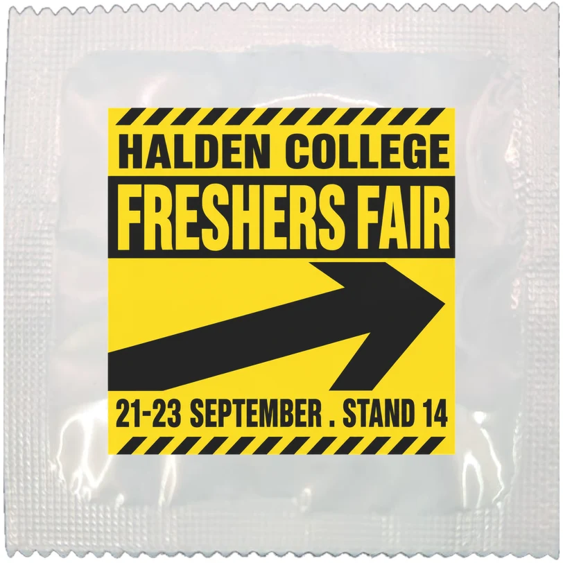 Example of a branded freshers fair giveaway condom wrapper, made to order