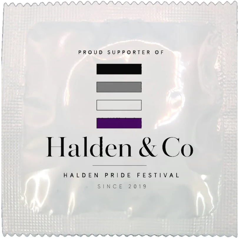 Example of a branded condom wrapper for a Pride event sponsor, made to order