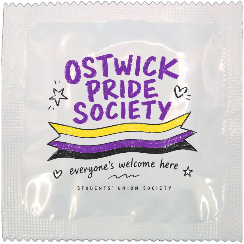 Example of a branded condom wrapper for a student LGBTQ+ society, made to order