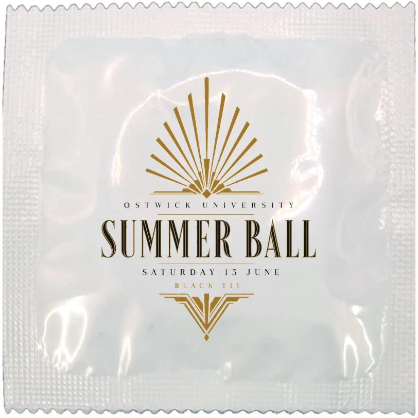 Example of a branded summer ball condom wrapper, made to order