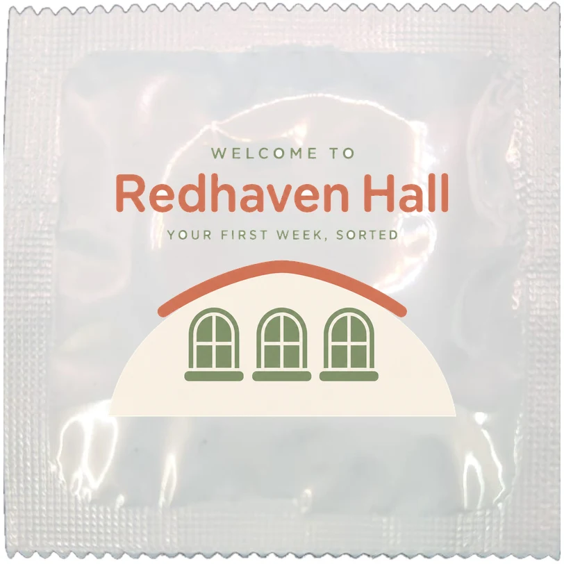 Example of a branded hall of residence welcome pack condom wrapper, made to order
