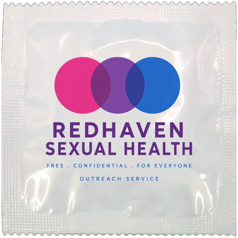 Example of a branded condom wrapper for a sexual health outreach service, made to order
