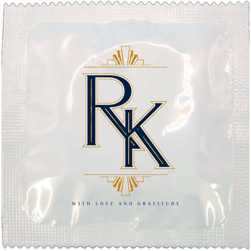 Example of a personalised wedding favour condom wrapper, made to order