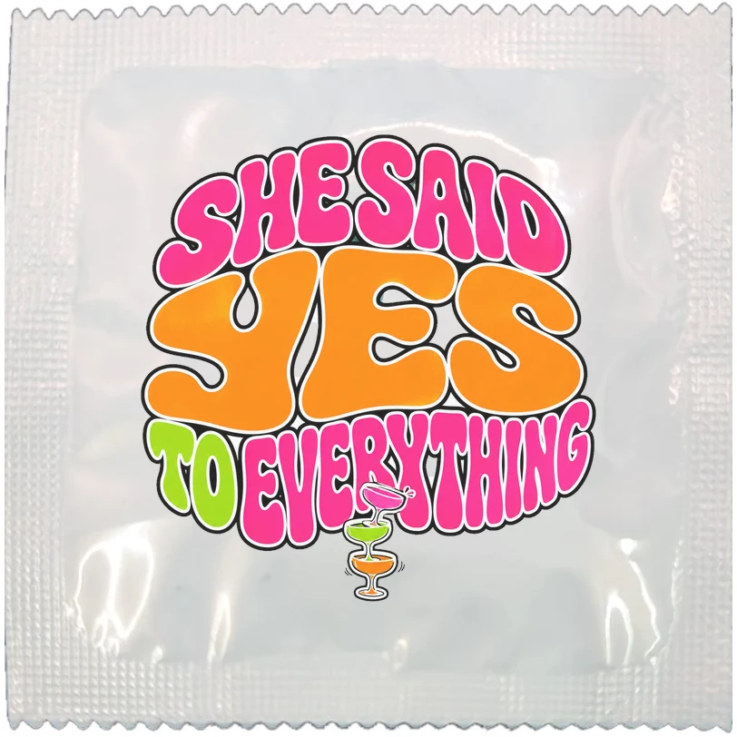 Example of a personalised hen do condom wrapper, made to order