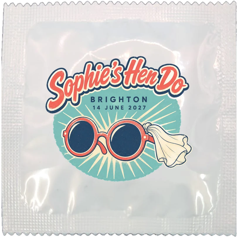 Example of a personalised hen do condom wrapper, made to order