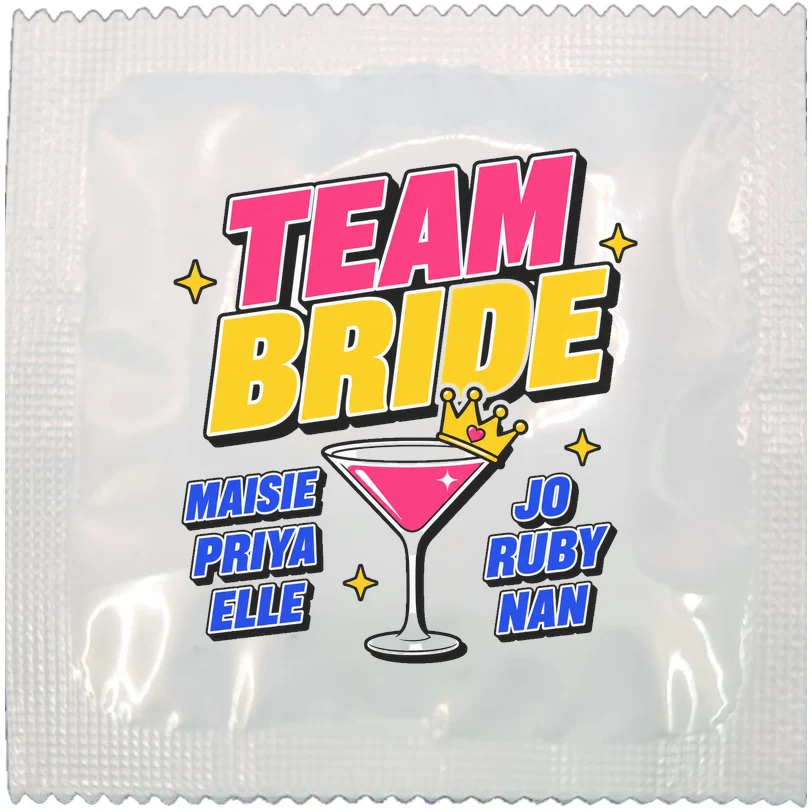 Example of a personalised hen do condom wrapper, made to order