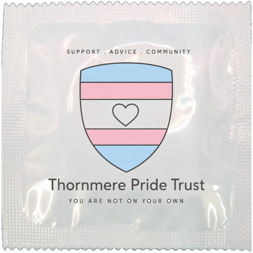 Example of a branded condom wrapper for an LGBTQ+ community charity, made to order
