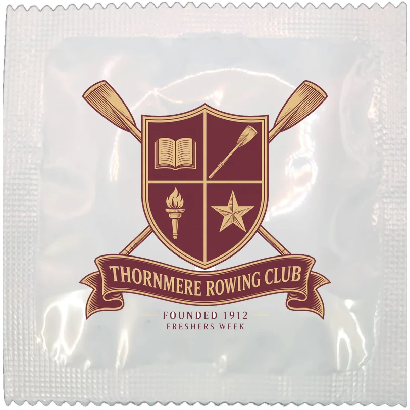 Example of a branded society or sports club condom wrapper, made to order