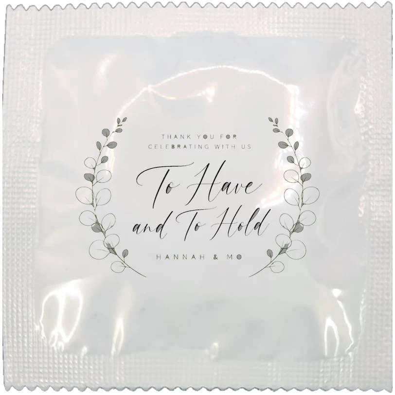 Example of a personalised wedding favour condom wrapper, made to order