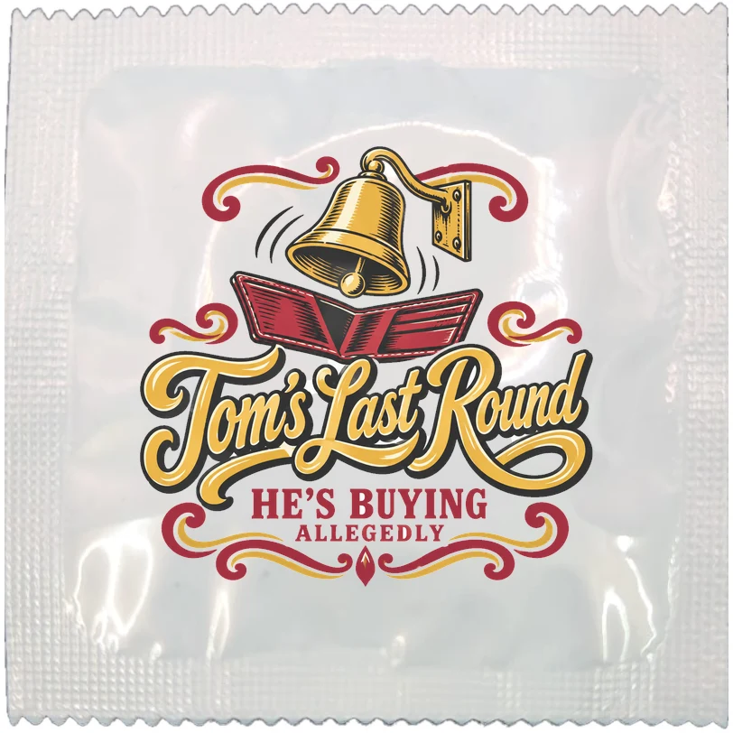 Example of a personalised stag do condom wrapper, made to order