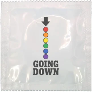 Going Down funny condom wrapper, rainbow design