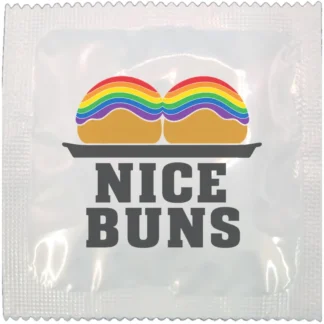 Nice Buns funny condom wrapper, rainbow design