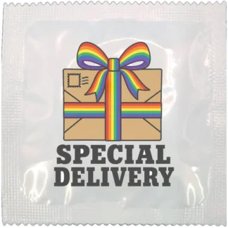 Special Delivery funny condom wrapper, rainbow design