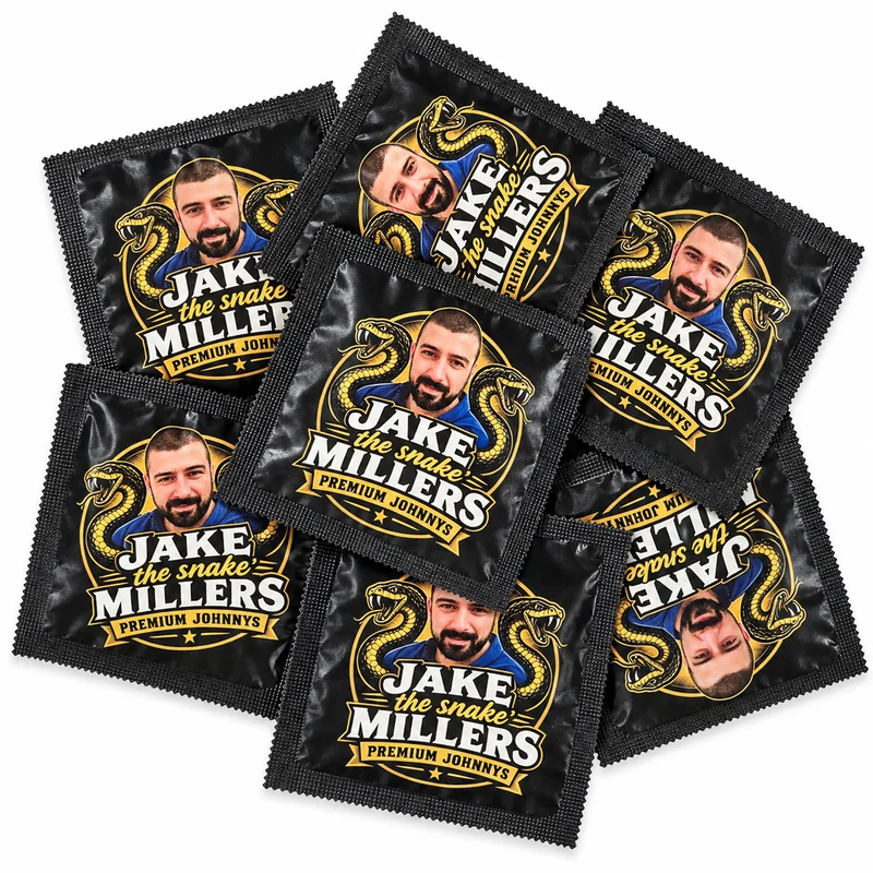 A bulk run of custom printed condoms, all with the same branded wrapper