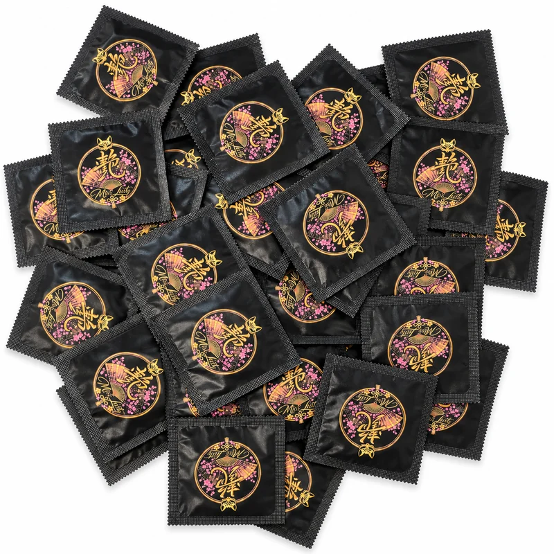 A bulk run of custom printed condoms, all with the same branded wrapper