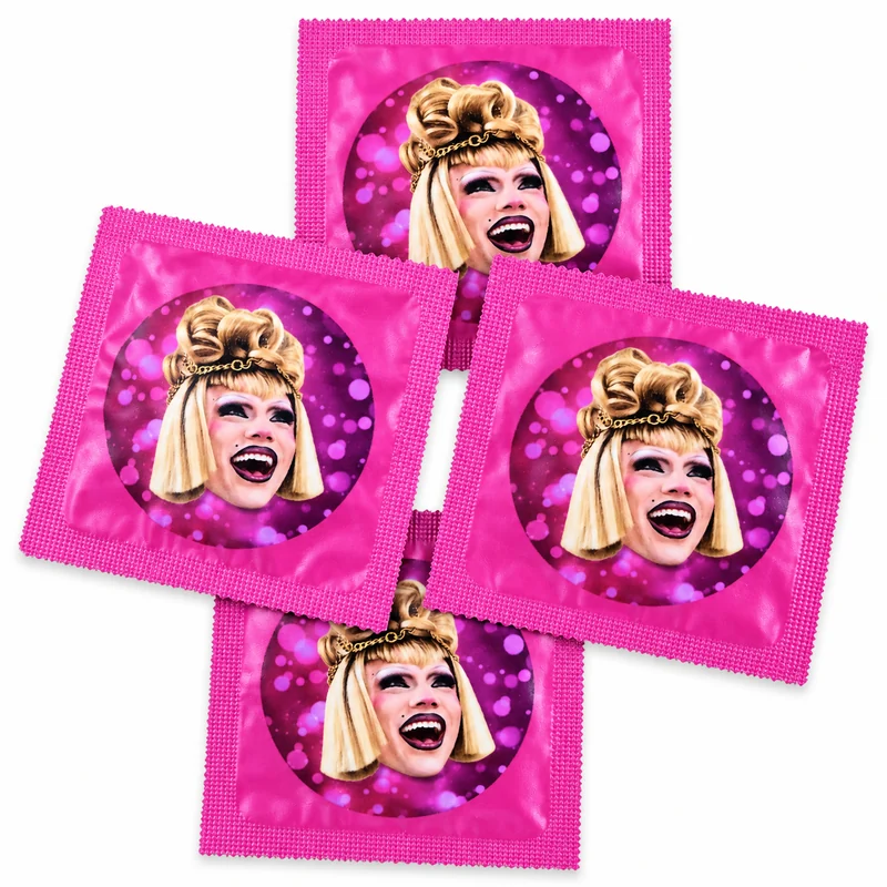 A bulk run of custom printed condoms, all with the same branded wrapper